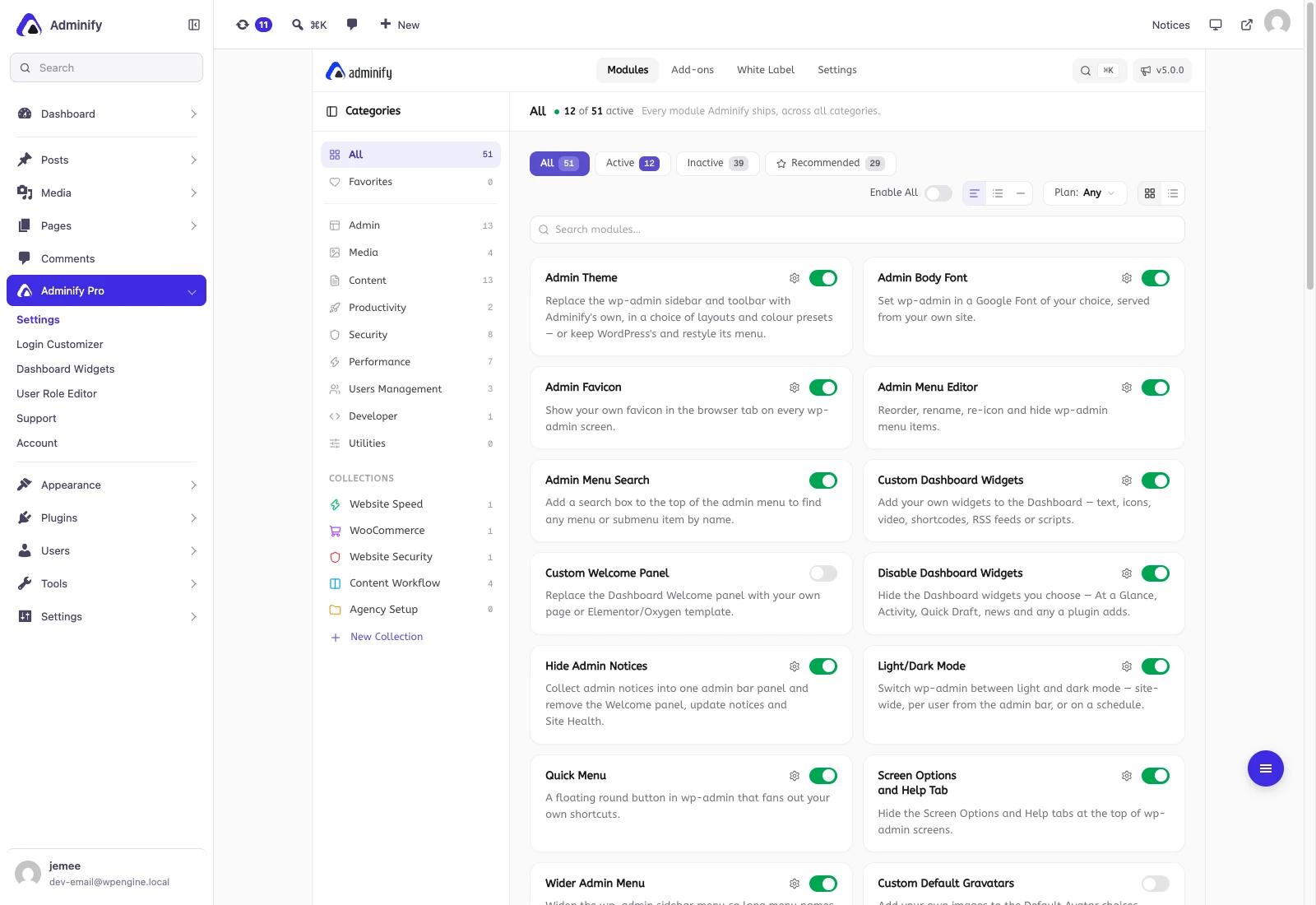 The WP Adminify V5 module browser showing 51 modules as toggle cards in a two column grid, with a category sidebar listing Admin, Media, Content, Productivity, Security, Performance, Users Management, Developer and Utilities with counts, plus Collections for Website Speed, WooCommerce and Website Security