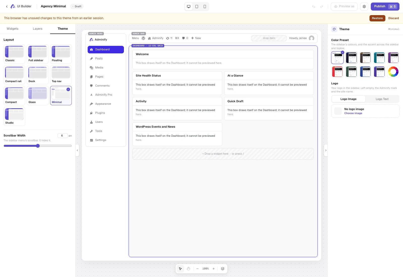 The Adminify V5 UI Builder canvas with a layout panel on the left showing ten admin layout presets including Classic, Floating, Dock and Glass, a live mock of the WordPress admin in the centre with the Dashboard on a twelve column grid, and a theme panel on the right with nine colour presets and logo options