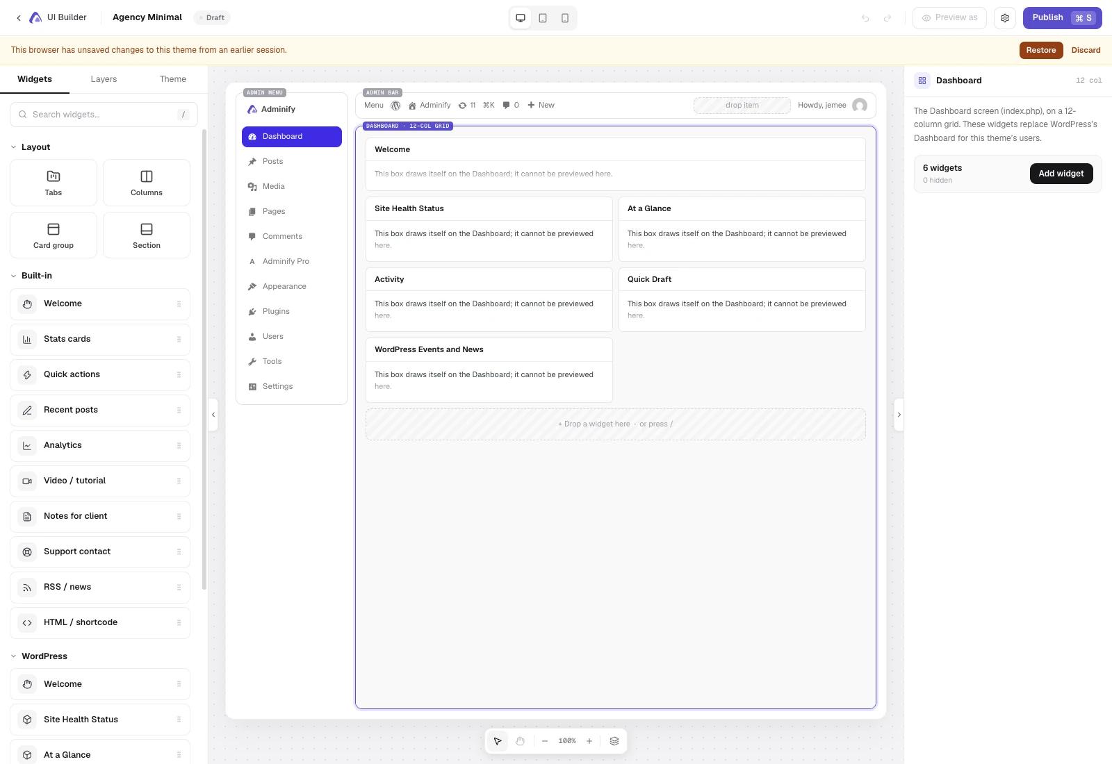 The Adminify V5 UI Builder widget panel open, listing layout blocks such as tabs and columns, built in widgets including Stats cards, Quick actions, Video or tutorial, Notes for client and Support contact, and WordPress widgets such as Site Health Status and At a Glance