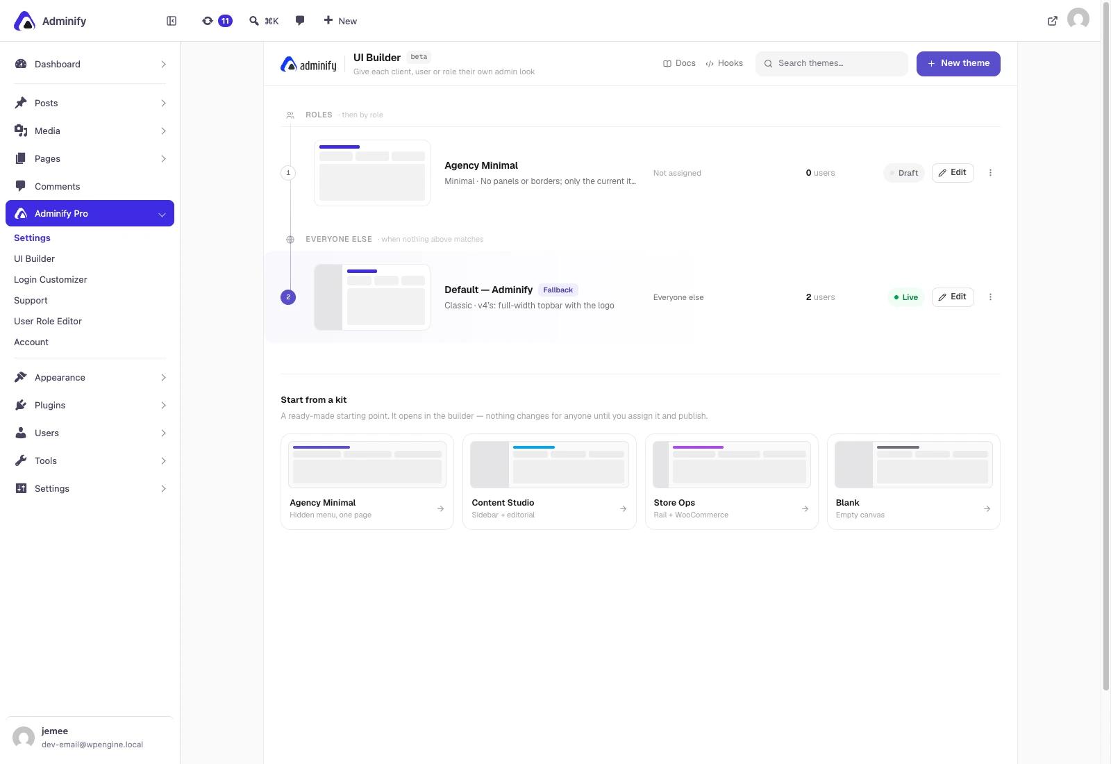 The Adminify V5 UI Builder screen listing admin themes in priority order, with an Agency Minimal theme assigned to roles in step one and a Default Adminify fallback theme in step two, each row showing its assignment, user count and a Draft or Live badge