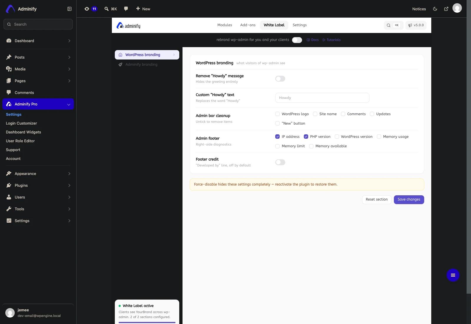 The WP Adminify V5 white label tab showing a switch between WordPress branding and Adminify branding, options to remove the Howdy greeting, admin bar cleanup checkboxes for the WordPress logo, site name, comments and updates, and admin footer diagnostics for IP address, PHP version and memory usage