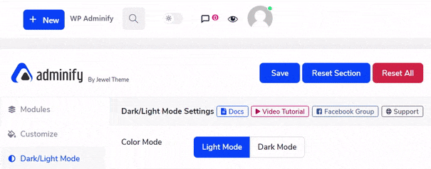 One click WordPress Dashbaord Dark and Light mode