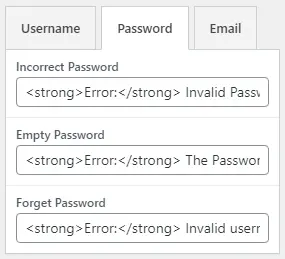 WordPress login page password error message