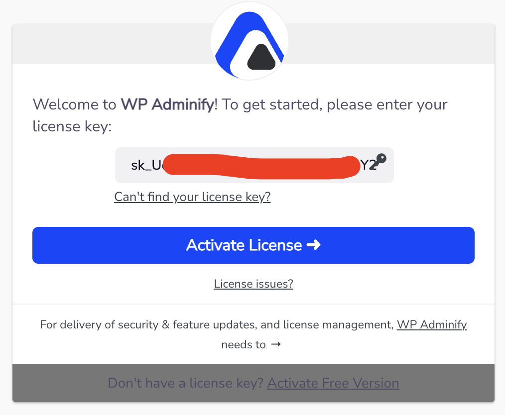 Insert WP Adminify license key