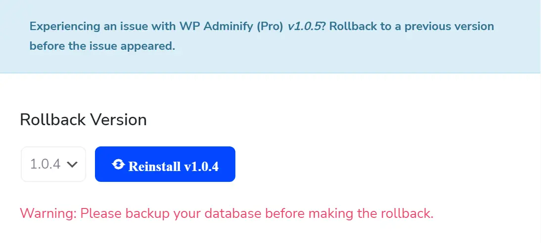 WP Adminify version rollback