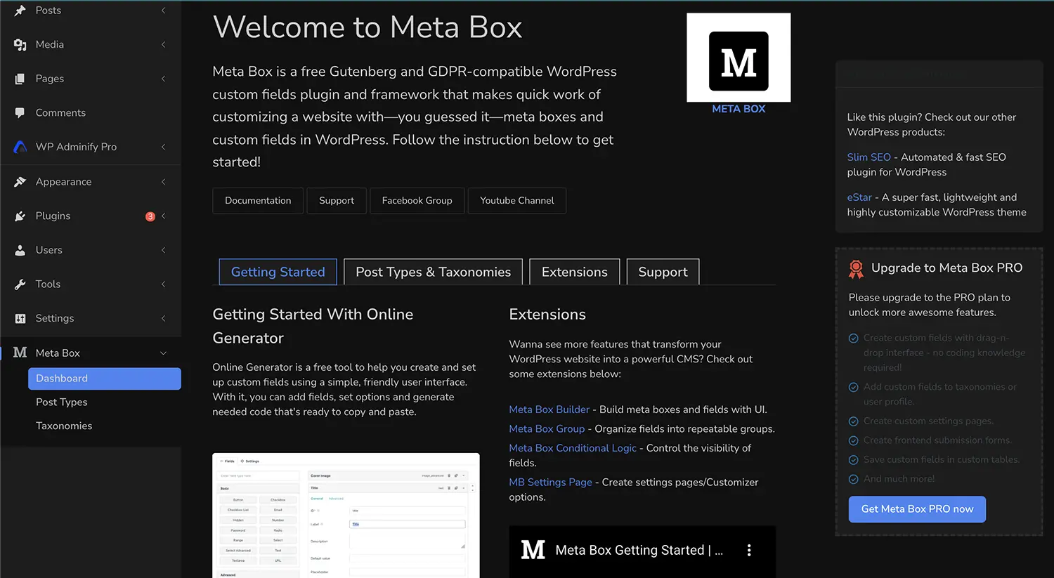 Meta Box Dashboard dark