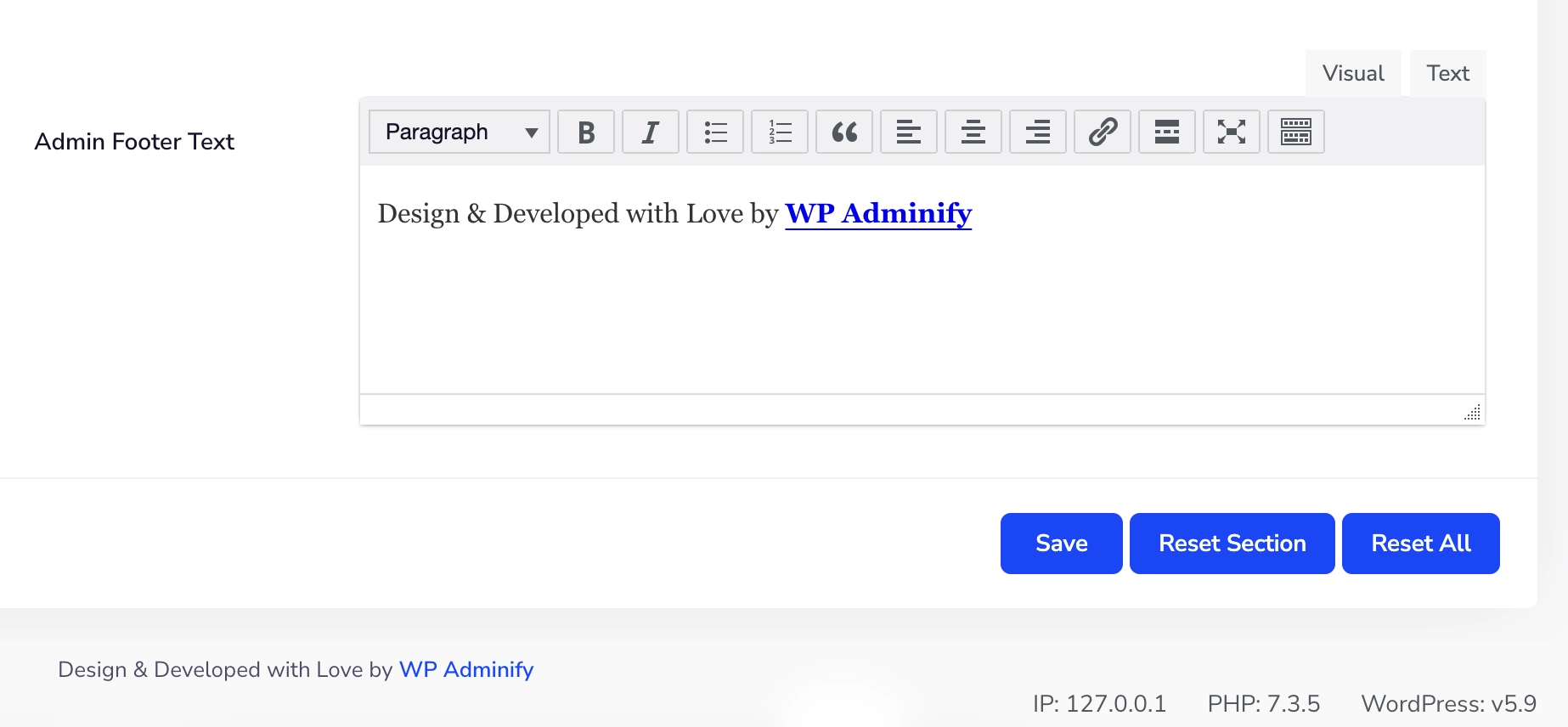 WP Adminify Dashboard Footer Text