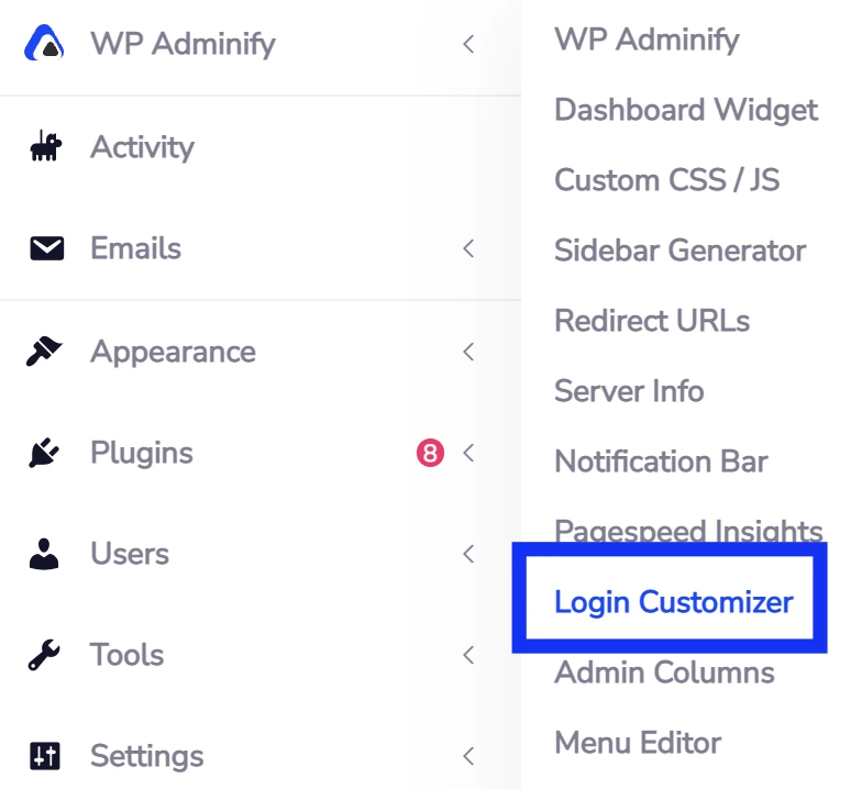 Login Customizer menu