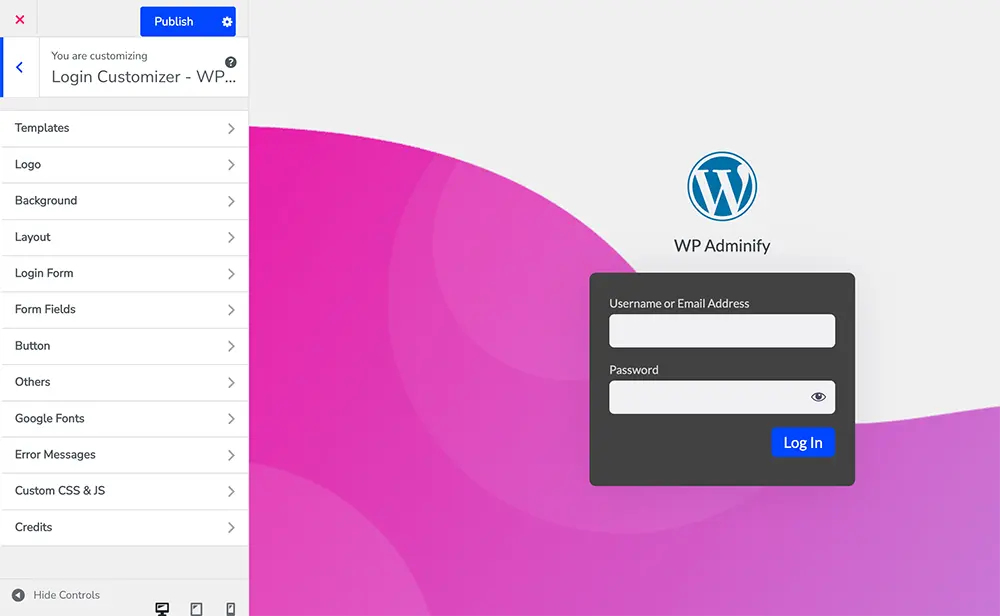 WordPress login page customizer options panel