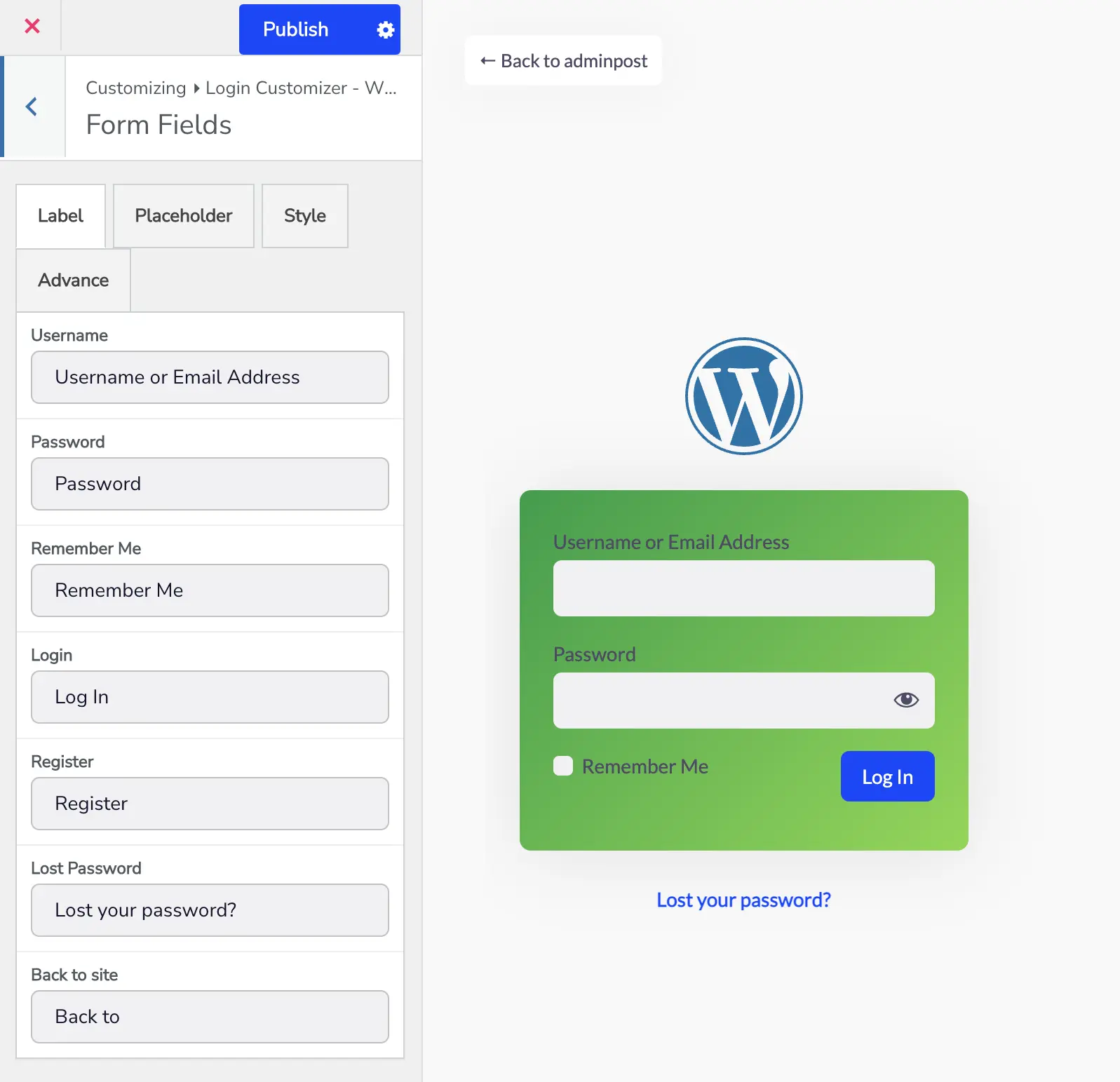 WordPress login page form fields customization